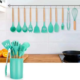 Kit 12 Utensílios De Cozinha Em Silicone E Cabo De Madeira