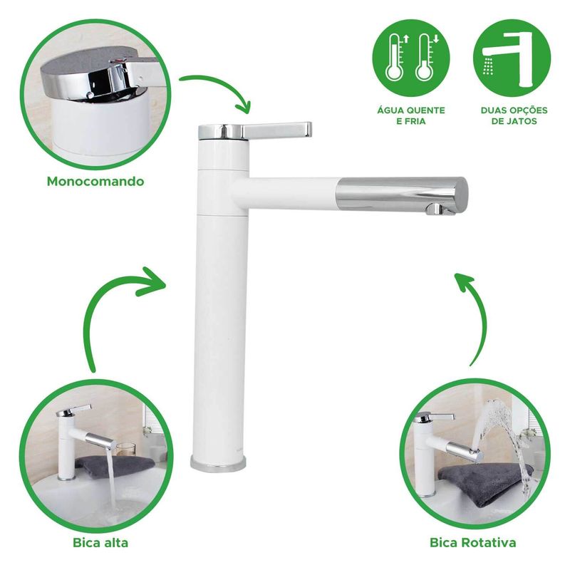 Torneira Lavatório Monocomando Bica Alta e Rotativa
