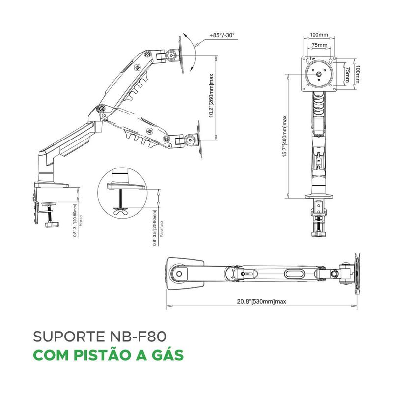 Suporte Para Monitor Articulado De 17 Até 30 Pistão a Gás North Bayou F80