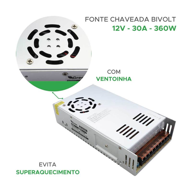 Fonte Chaveada 30a 12v 360w Bivolt P/ Câmera Cfv Fita Led