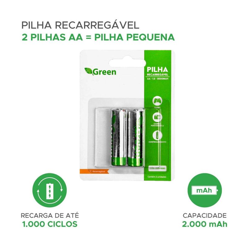 Pilha Recarregável Aa Pequena 2 Unidades 2000mah - Green