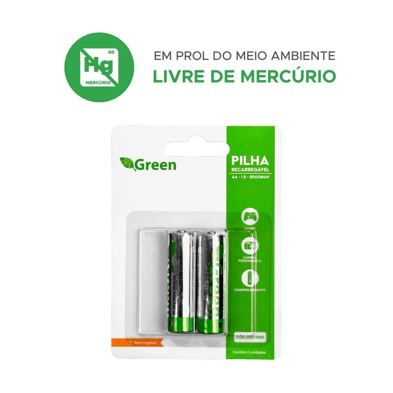 Pilha Recarregável Aa Pequena 2 Unidades 2000mah - Green