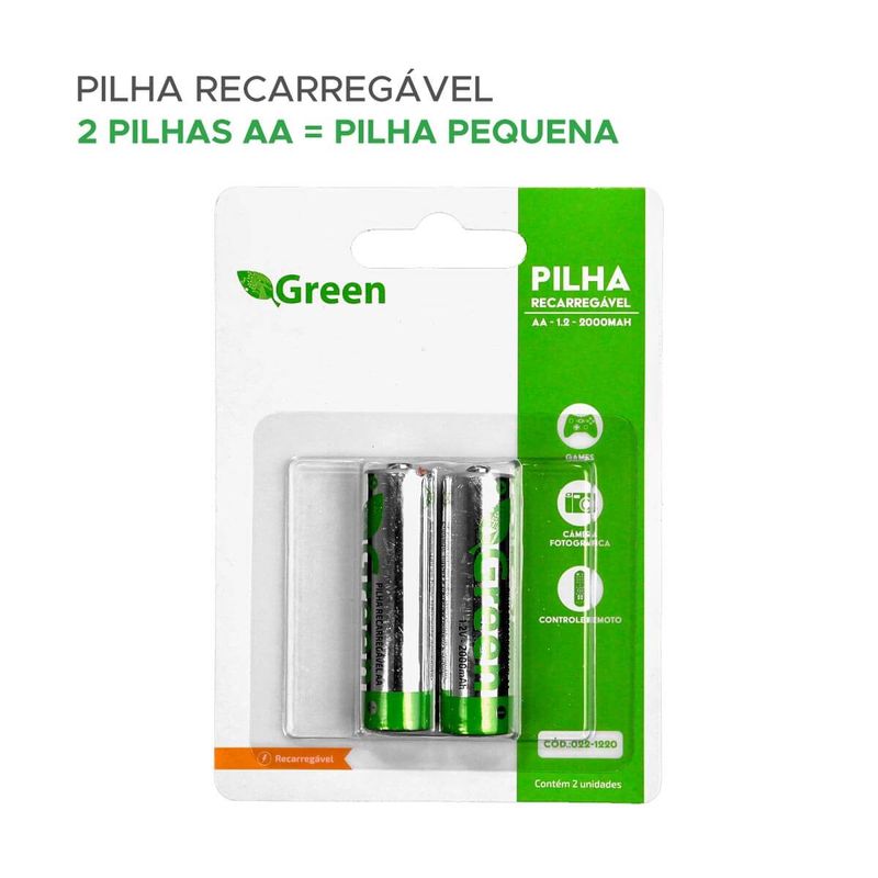 Pilha Recarregável Aa Pequena 2 Unidades 2000mah - Green