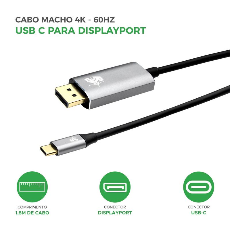 Cabo Adaptador Usb C para Displayport Macho 4k 60hz 1.8 Metros - 5+