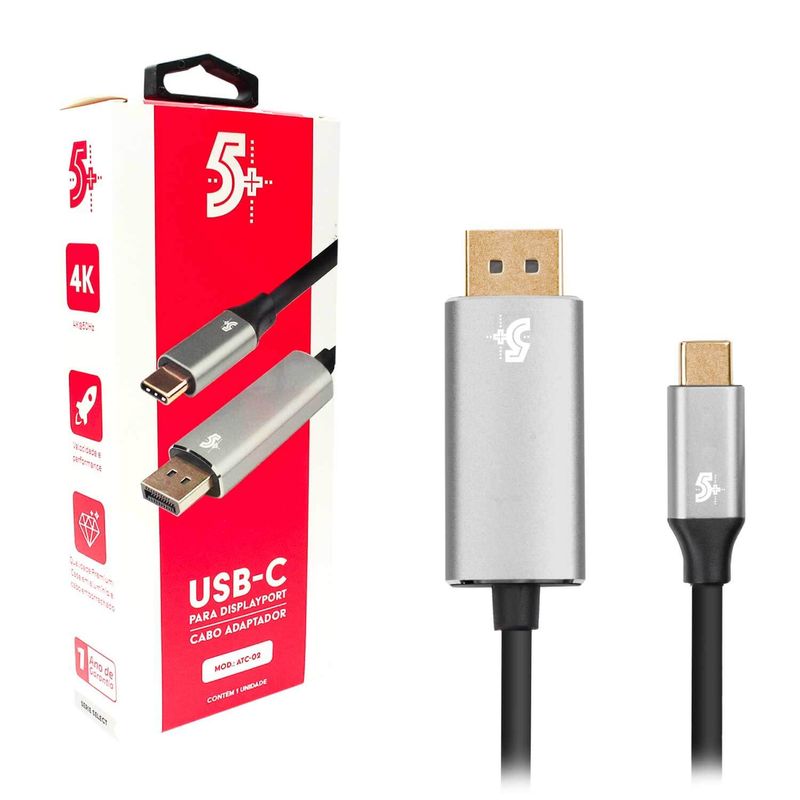 Cabo Adaptador Usb C para Displayport Macho 4k 60hz 1.8 Metros - 5+