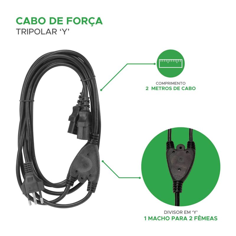 Cabo De Força Tripolar Y 1 Macho 2 Fêmeas 2 Metros - Green
