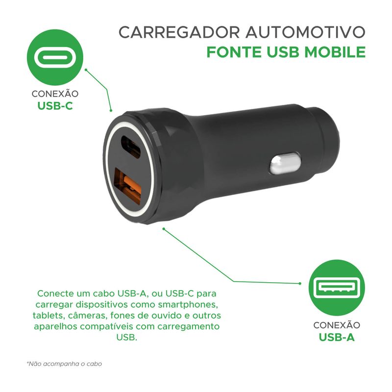 Carregador Veicular Duplo 30w Turbo Usb Pd A + Tipo C 30w