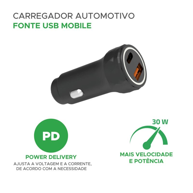 Carregador Veicular Duplo 30w Turbo Usb Pd A + Tipo C 30w