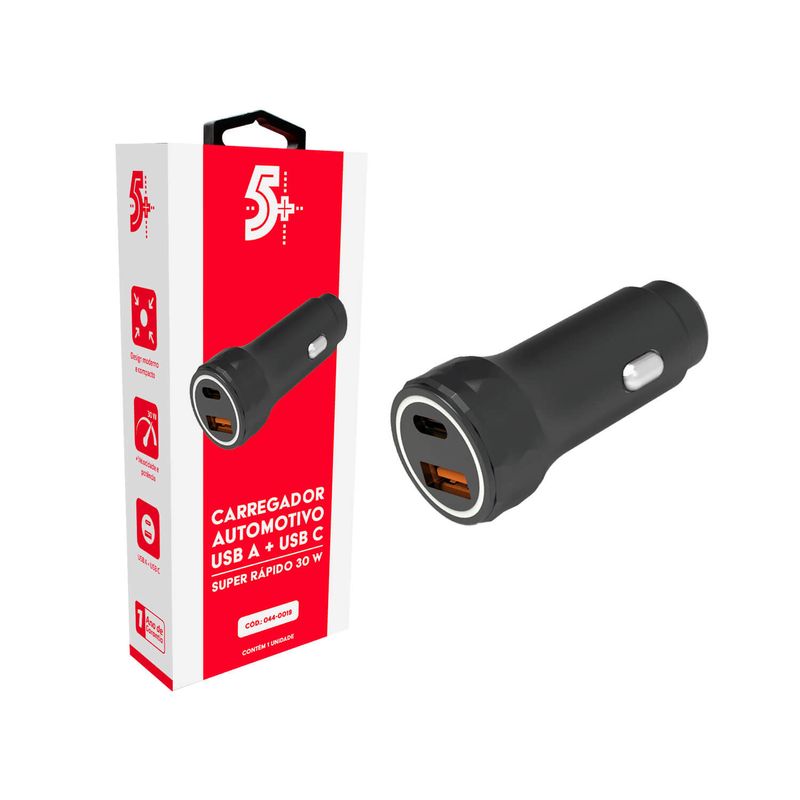 Carregador Veicular Duplo 30w Turbo Usb Pd A + Tipo C 30w