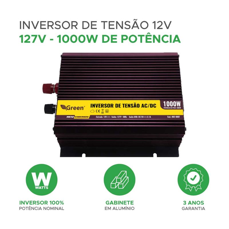 Inversor De Tensão 1000w 12v Para 127v Com Tomada e Usb - Green