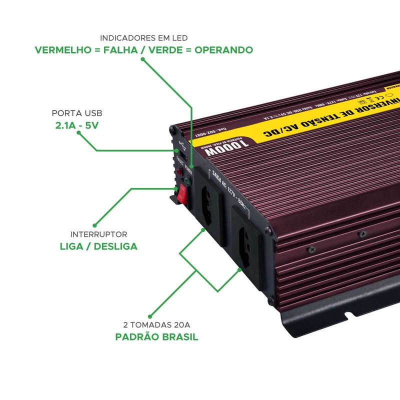 Inversor De Tensão 1000w 12v Para 127v Com Tomada e Usb - Green