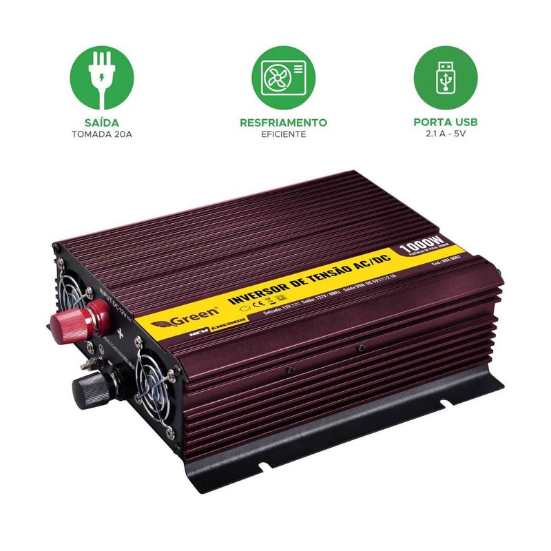 Inversor De Tensão 1000w 12v Para 127v Com Tomada e Usb - Green