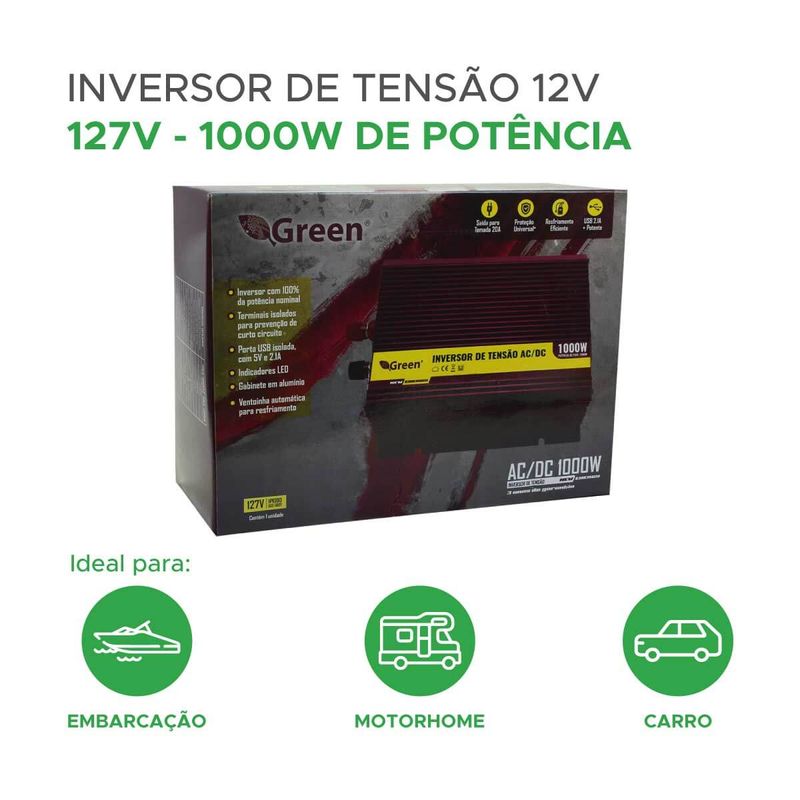 Inversor De Tensão 1000w 12v Para 127v Com Tomada e Usb - Green