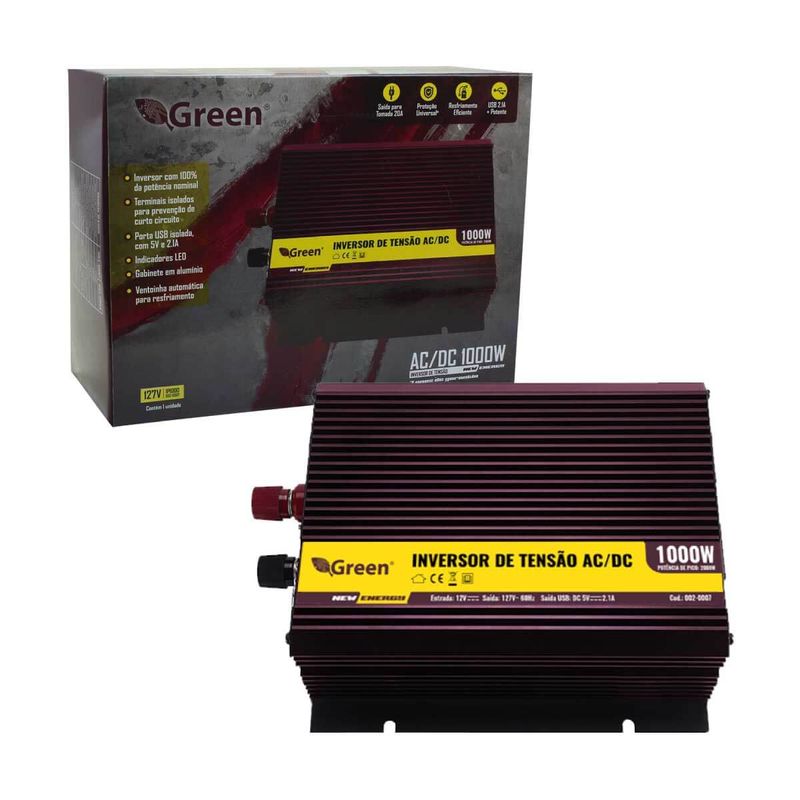 Inversor De Tensão 1000w 12v Para 127v Com Tomada e Usb - Green